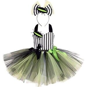 Kids Halloween Tulle Tutu Dress Green Black Striped Top, Hair Bow, Size 5-6 NEW